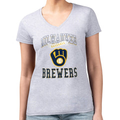 Milwaukee Brewers G-III 4Her by Carl Banks Women's Super-Slim Fit Lightweight Team Logo Graphic V-Neck T-Shirt - Heather Gray T-shirts