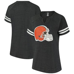 Cleveland Browns Women's Plus Size Logo Striped Raglan Notch Neck T-Shirt Charcoal