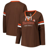 Cleveland Browns Women's Plus Size Won & Done Lace-Up V-Neck Long Sleeve T-Shirt Brown