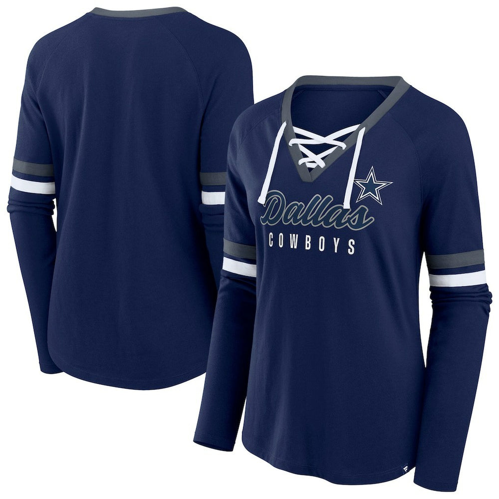 Dallas Cowboys Women's Plus Size Won & Done Lace-Up V-Neck Long Sleeve T-Shirt Navy
