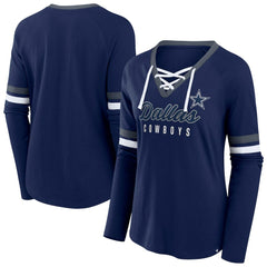 Dallas Cowboys Women's Plus Size Won & Done Lace-Up V-Neck Long Sleeve T-Shirt Navy