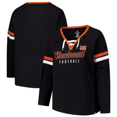 Cincinnati Bengals Women's Plus Size Won & Done Lace-Up V-Neck Long Sleeve T-Shirt Black
