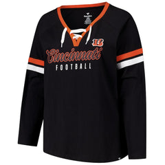 Cincinnati Bengals Women's Plus Size Won & Done Lace-Up V-Neck Long Sleeve T-Shirt Black