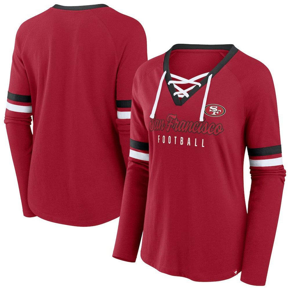 San Francisco 49ers Women's Plus Size Won & Done Lace-Up V-Neck Long Sleeve T-Shirt Scarlet