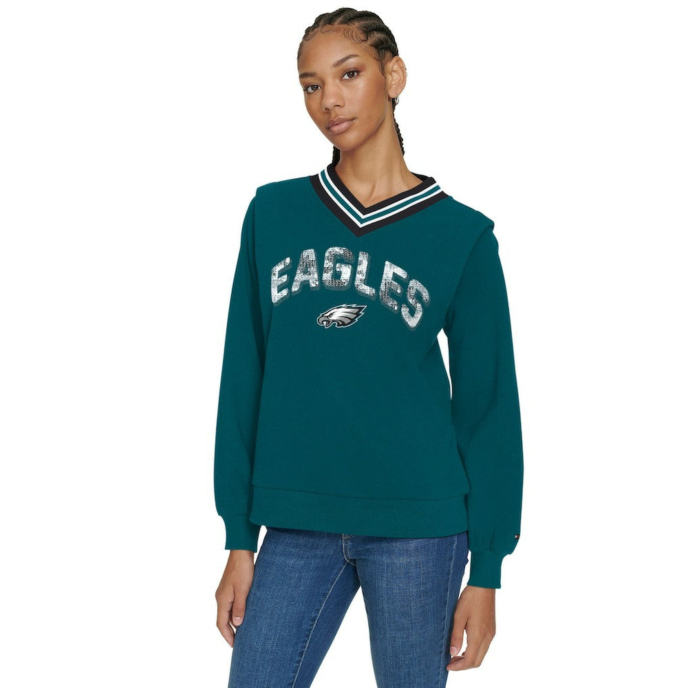 Philadelphia Eagles Tommy Hilfiger Women's Alice V-Neck Pullover Sweatshirt Midnight Green
