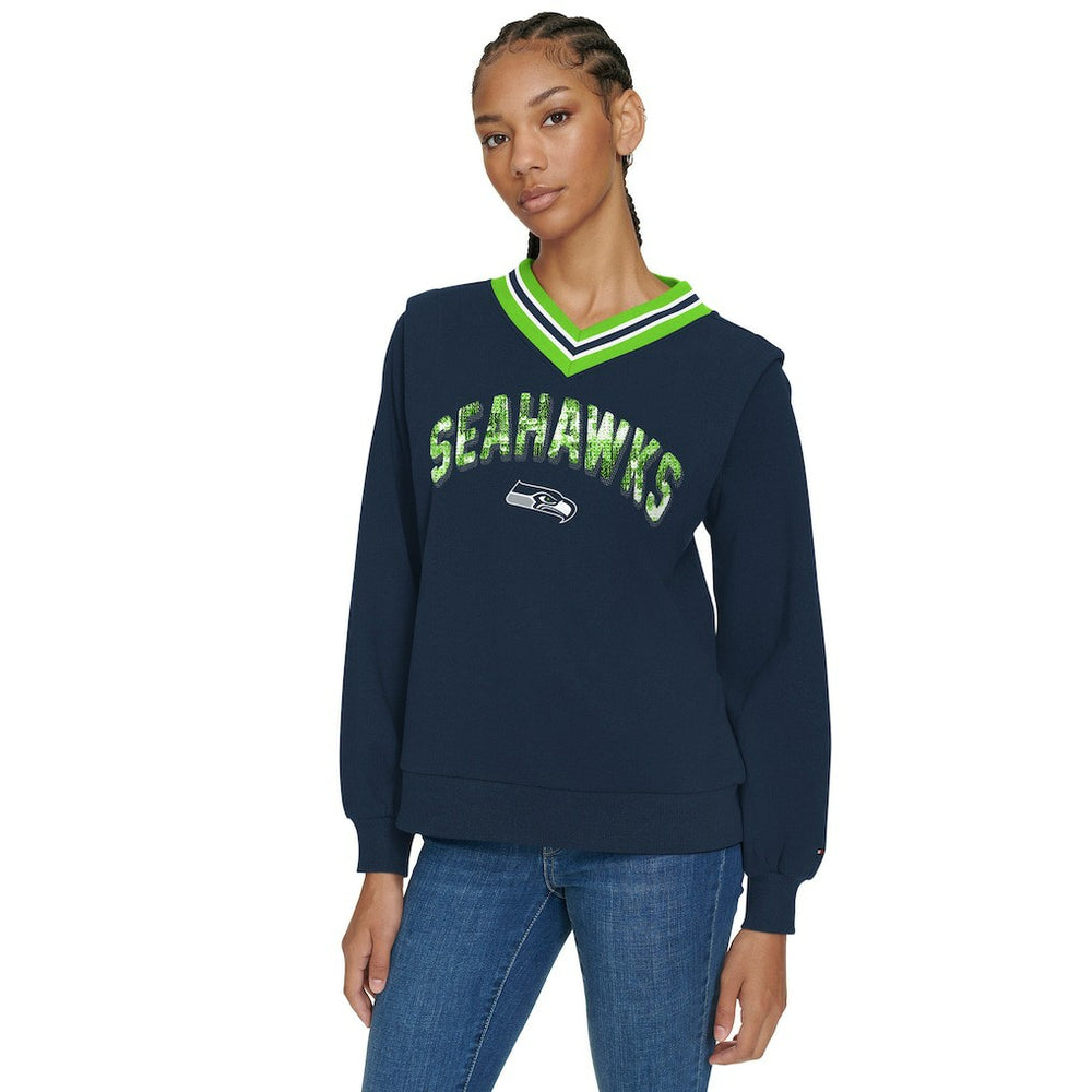 Seattle Seahawks Tommy Hilfiger Women's Alice V-Neck Pullover Sweatshirt Navy
