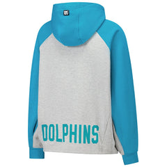Miami Dolphins DKNY Sport Women's Joy Cropped Raglan Pullover Hoodie - Gray/Aqua