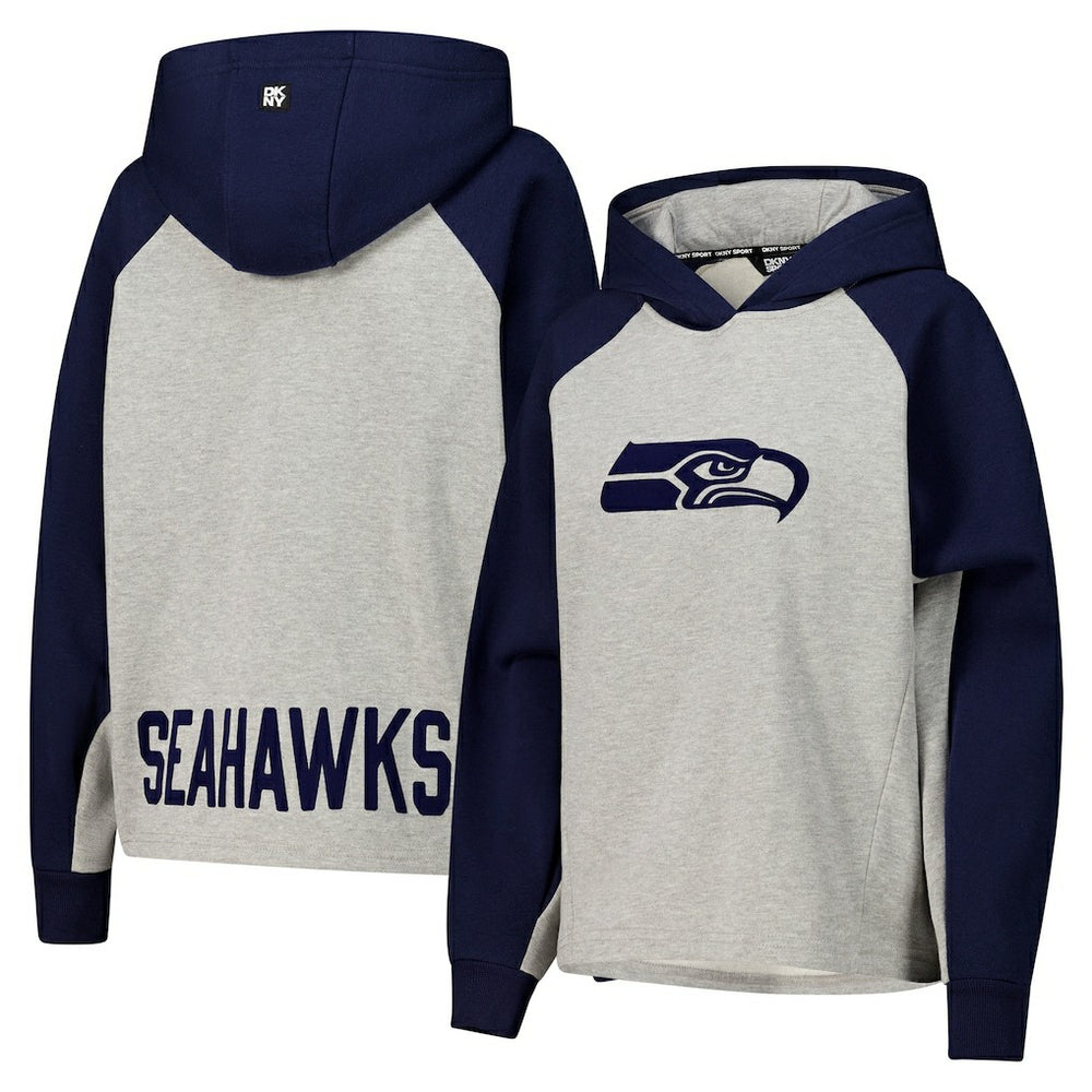 Seattle Seahawks DKNY Sport Women's Joy Cropped Raglan Pullover Hoodie - Gray/College Navy