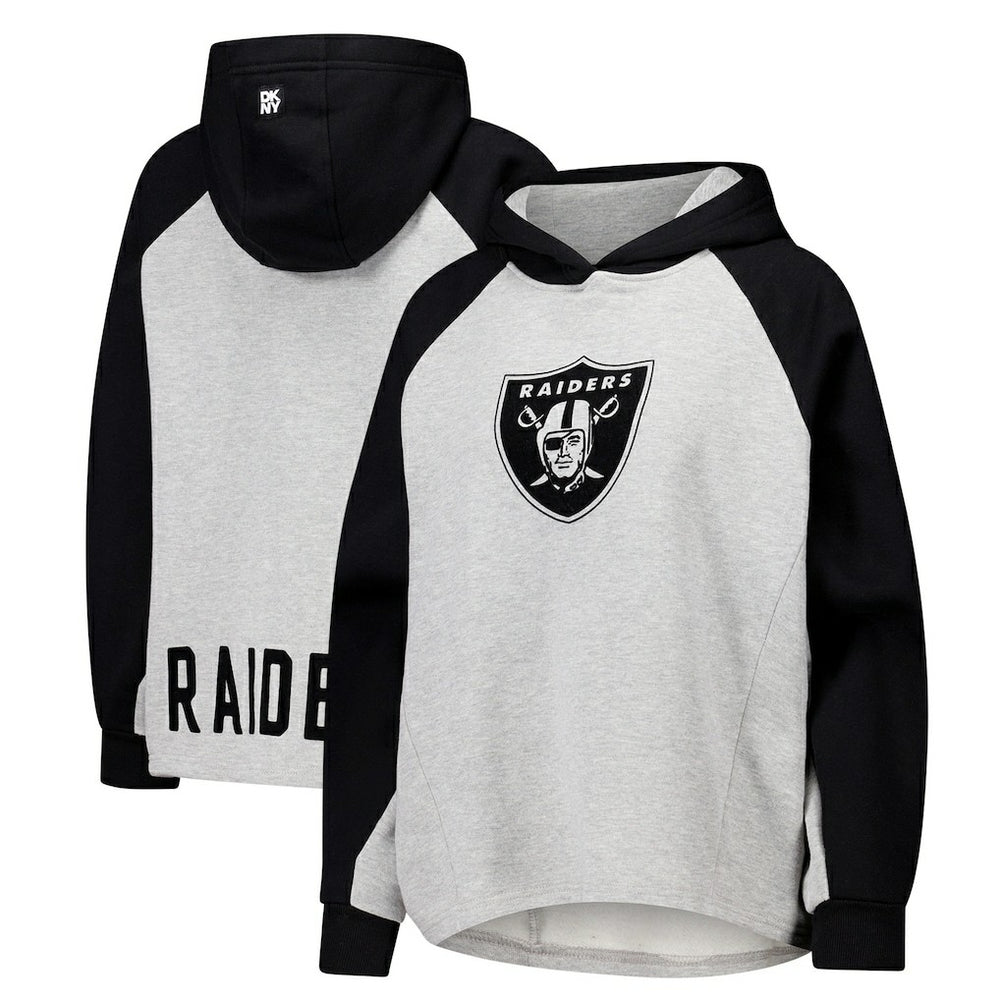 Las Vegas Raiders DKNY Sport Women's Joy Cropped Raglan Pullover Hoodie - Gray/Black