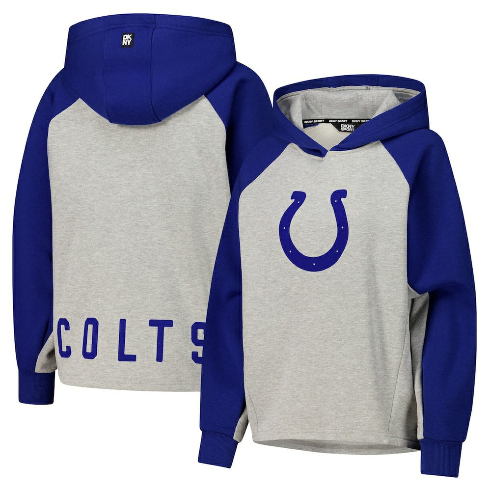 Indianapolis Colts DKNY Sport Women's Joy Cropped Raglan Pullover Hoodie - Gray/Royal