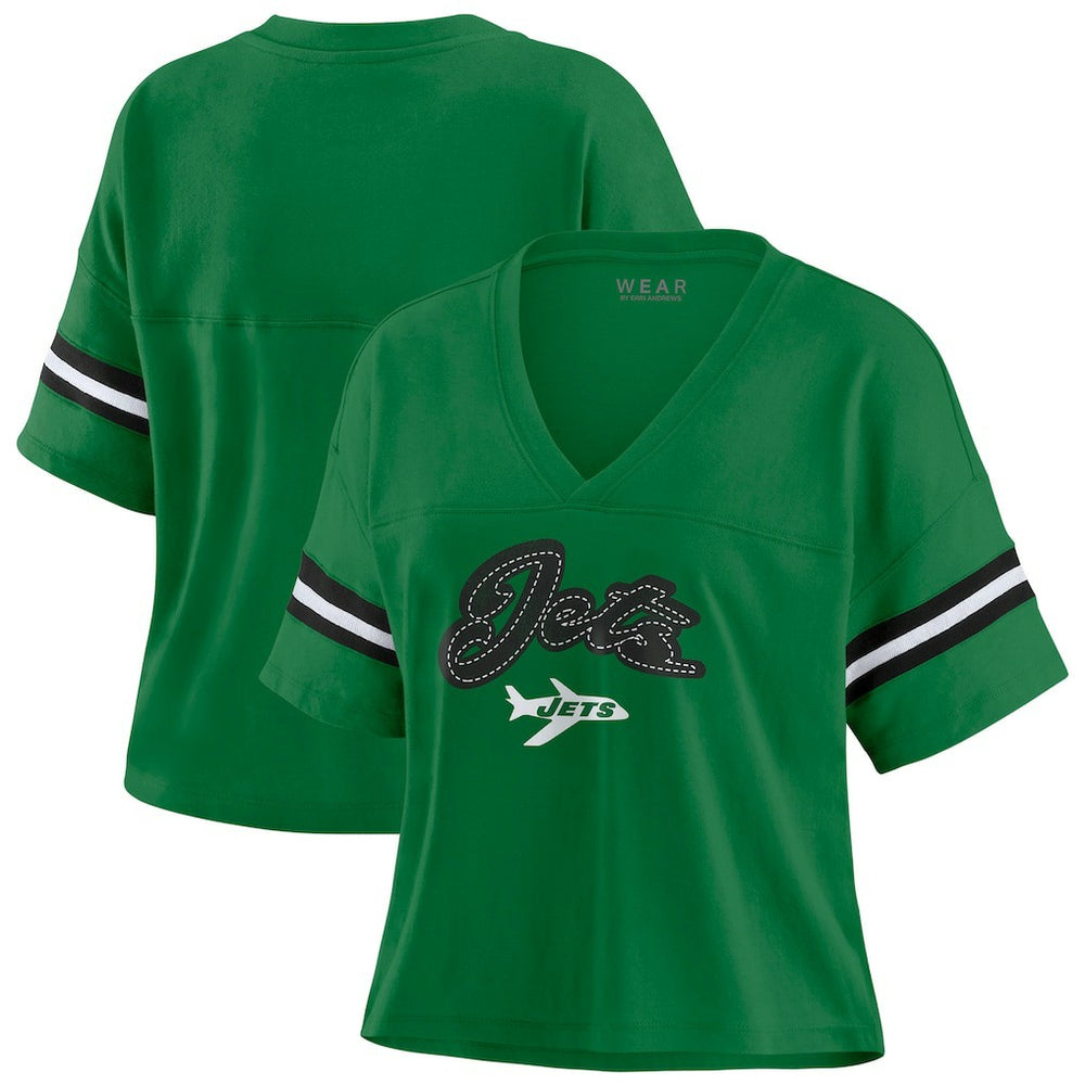 New York Jets WEAR by Erin Andrews Women's Color Block Boxy V-Neck T-Shirt Kelly Green