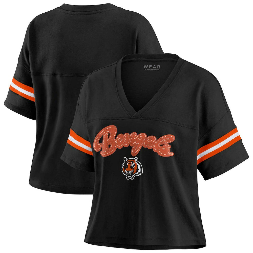 Cincinnati Bengals WEAR by Erin Andrews Women's Plus Size Color Block Boxy V-Neck T-Shirt Black