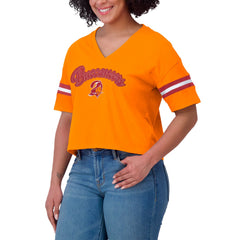 Tampa Bay Buccaneers WEAR by Erin Andrews Women's Plus Size Color Block Boxy V-Neck T-Shirt Pewter