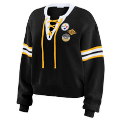 Pittsburgh Steelers WEAR by Erin Andrews Women's Lace-Up Sweater Black