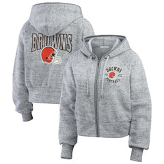 Cleveland Browns WEAR by Erin Andrews Women's Speckled Fleece Cropped Full-Zip Hoodie Heather Gray