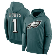 Jalen Hurts Philadelphia Eagles Player Name & Number Therma Hoodie Midnight Green