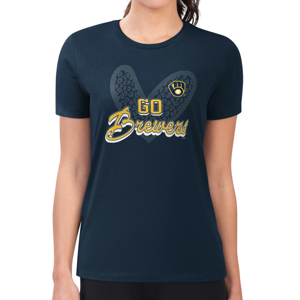 Milwaukee Brewers G-III 4Her by Carl Banks Women's Super-Slim Fit Lightweight Leopard Heart T-Shirt - Navy T-shirts