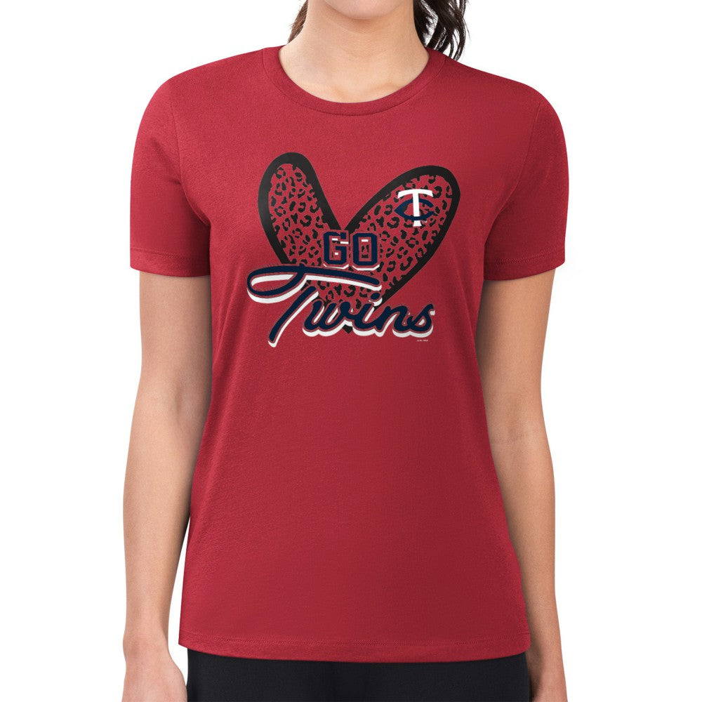 Minnesota Twins G-III 4Her by Carl Banks Women's Super-Slim Fit Lightweight Leopard Heart T-Shirt - Red T-shirts