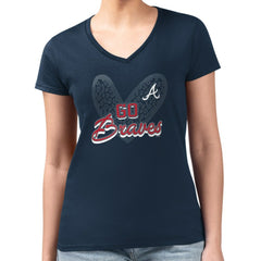 Atlanta Braves G-III 4Her by Carl Banks Women's Super-Slim Fit Lightweight Leopard Heart V-Neck T-Shirt - Navy T-shirts