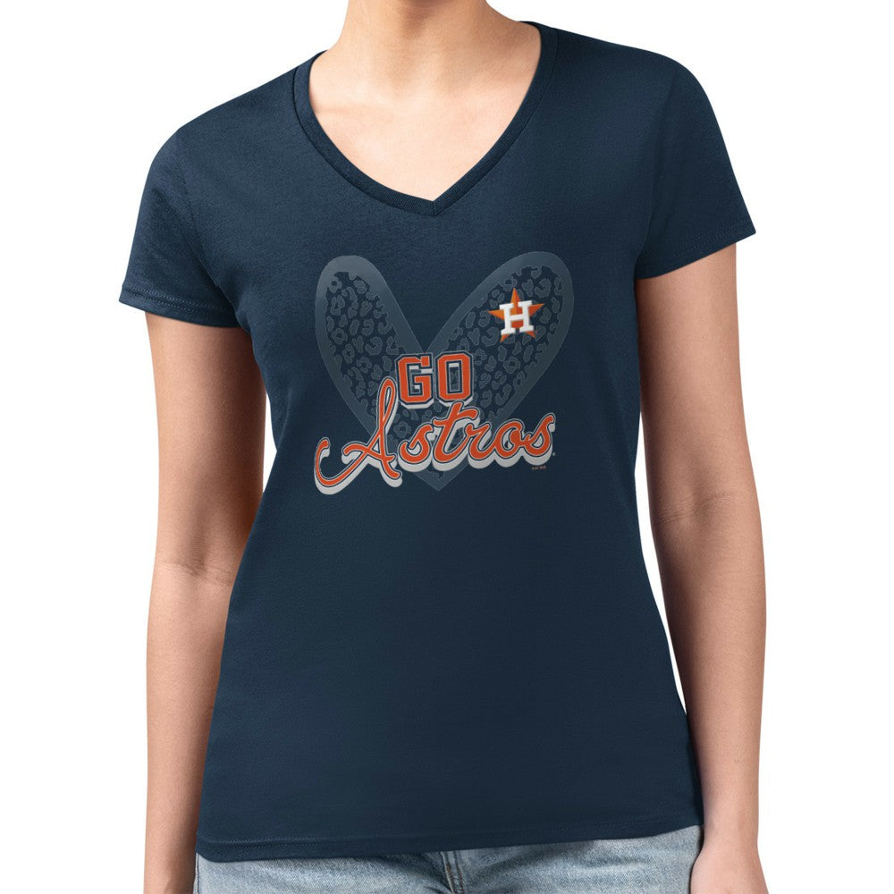 Houston Astros G-III 4Her by Carl Banks Women's Super-Slim Fit Lightweight Leopard Heart V-Neck T-Shirt - Navy T-shirts