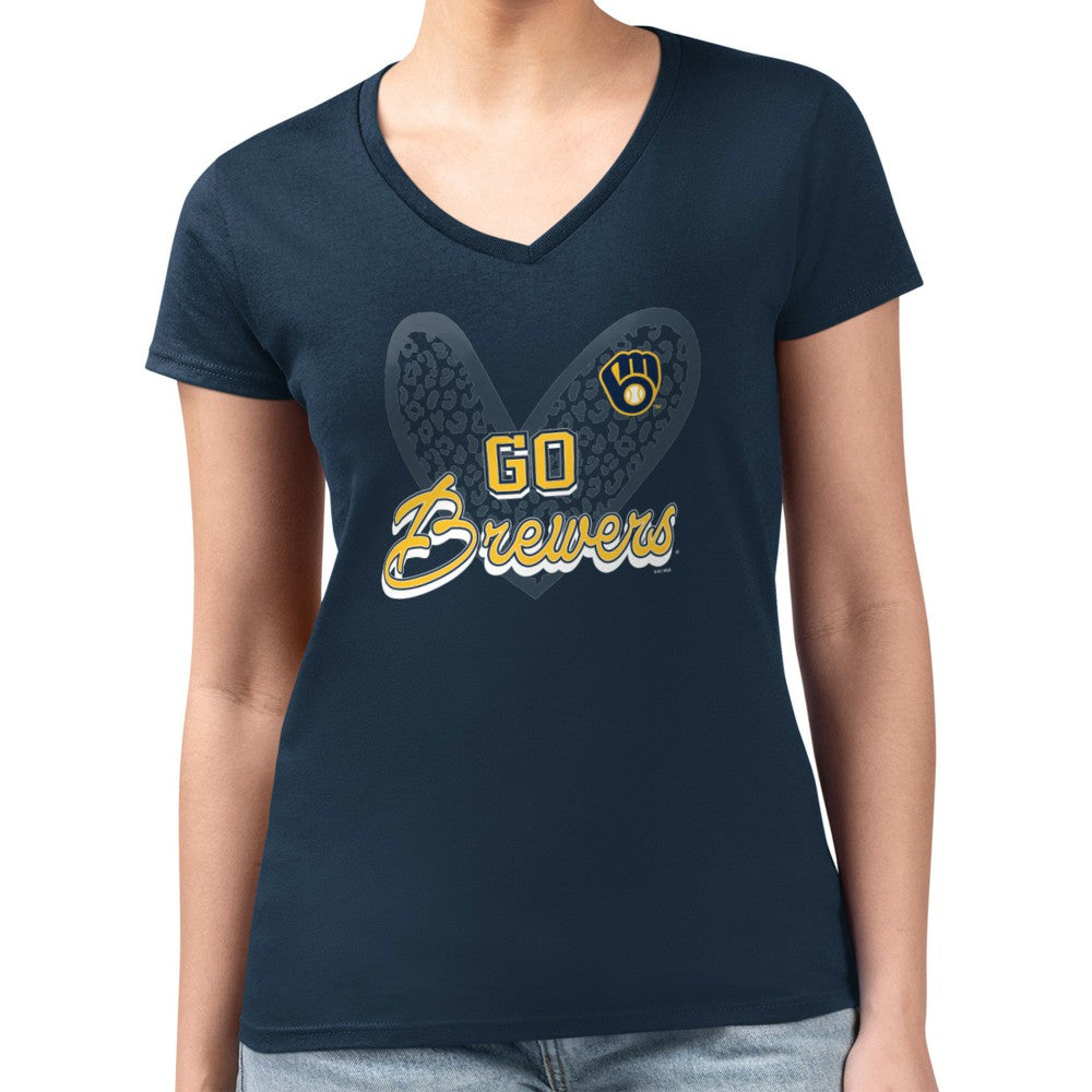 Milwaukee Brewers G-III 4Her by Carl Banks Women's Super-Slim Fit Lightweight Leopard Heart V-Neck T-Shirt - Navy T-shirts