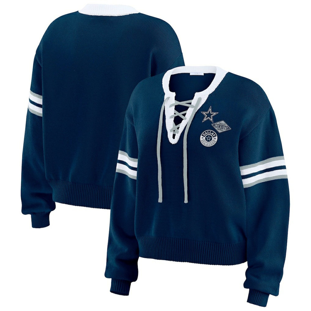 Dallas Cowboys WEAR by Erin Andrews Women's Lace-Up Sweater Navy