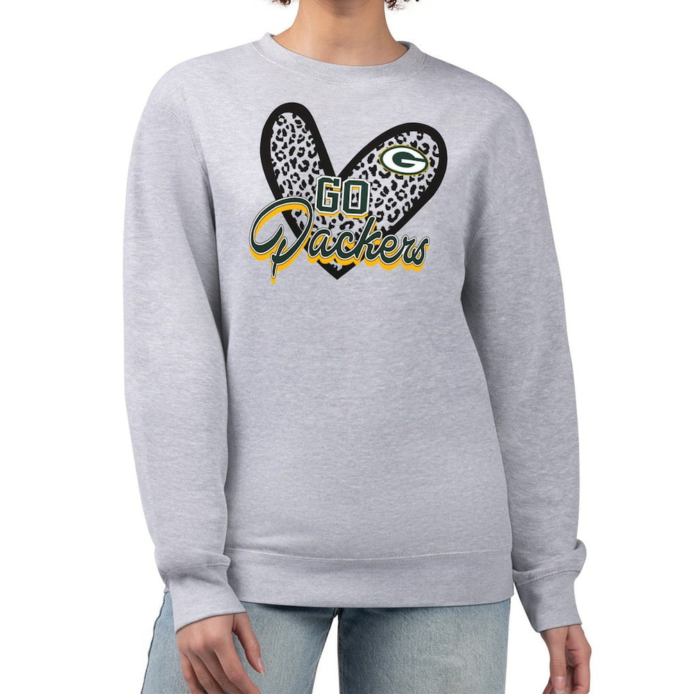 Green Bay Packers G-III 4Her by Carl Banks Women's Leopard Heart Pullover Sweatshirt Heather Gray