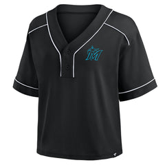 Miami Marlins Fanatics Women's Oversized Champ Game Cropped V-Neck T-Shirt - Black T-shirts