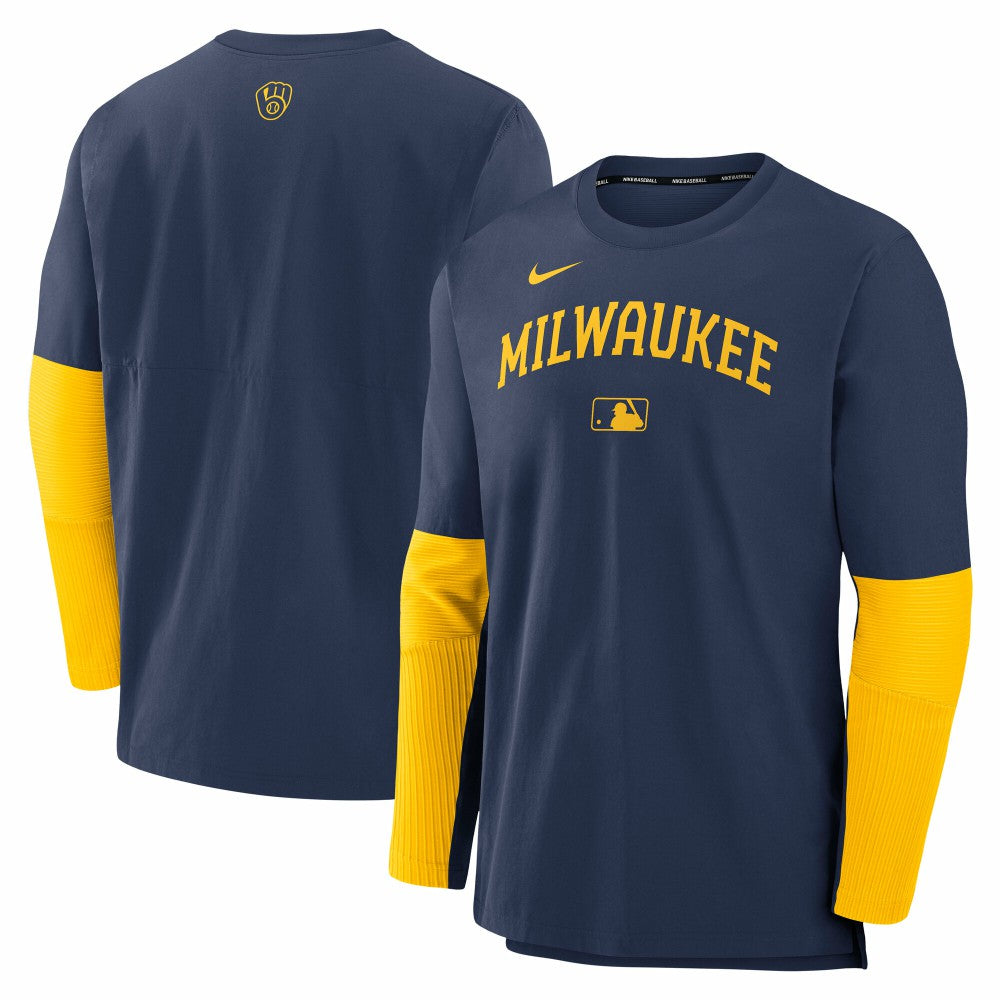 Milwaukee Brewers Nike Authentic Collection Player Dri-FIT Lightweight Pullover - Navy/Gold Pullover