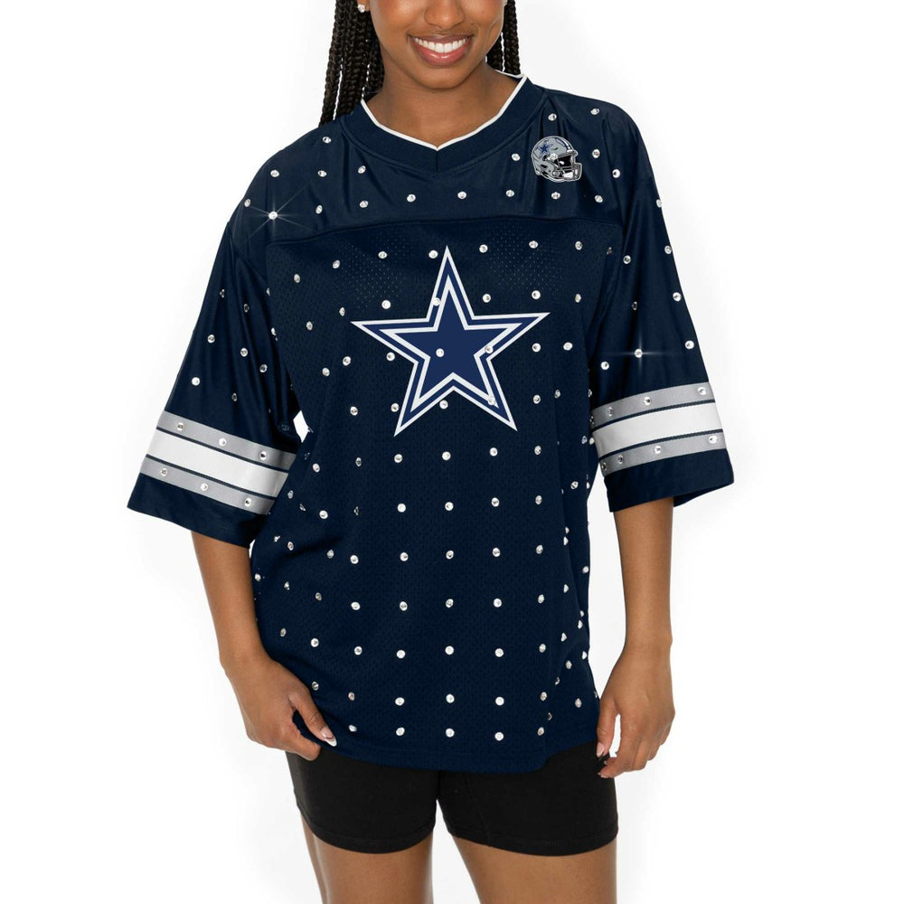 Dallas Cowboys Gameday Couture Women's Kickoff Time Allover Rhinestone Sports Stripe Jersey V-Neck T-Shirt Navy