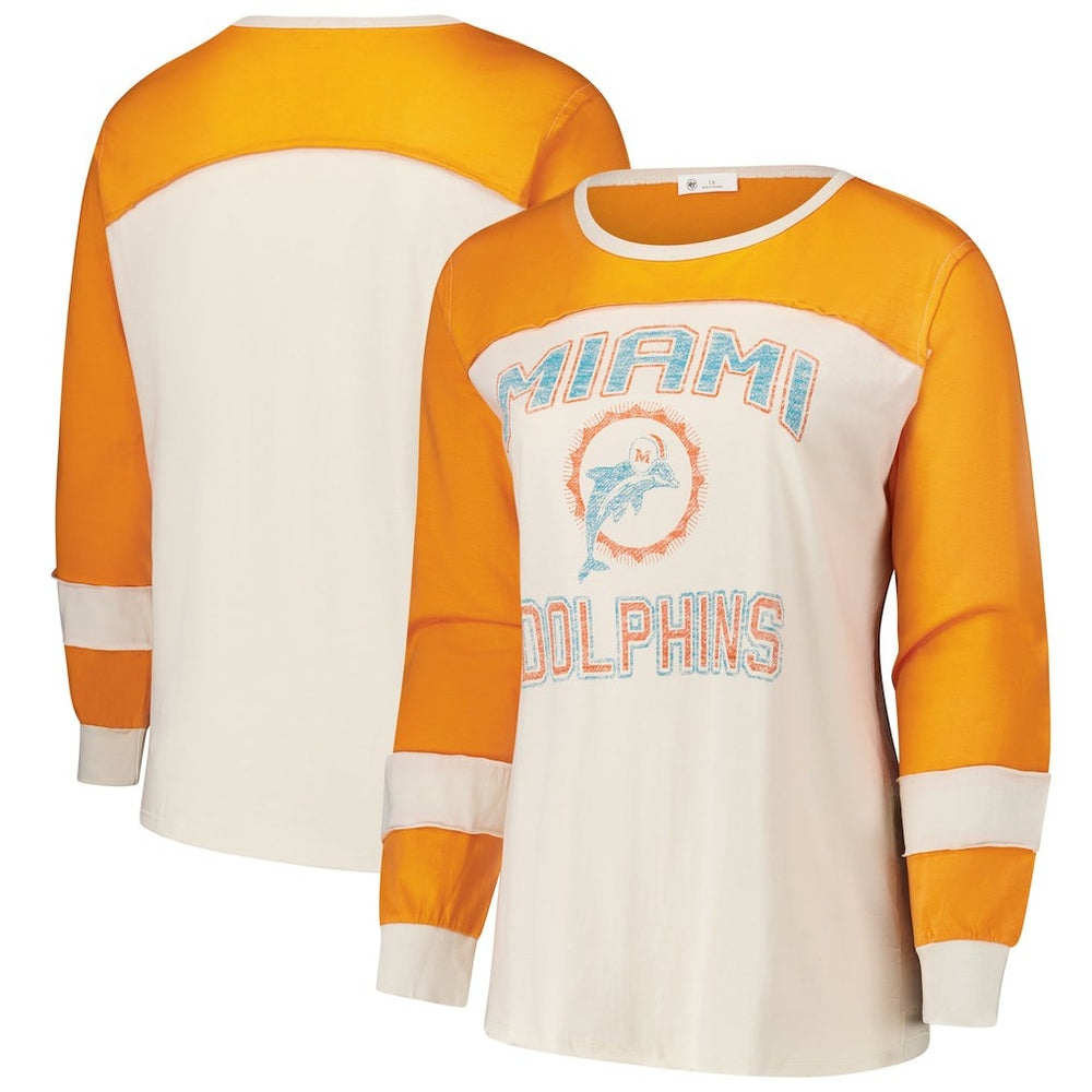 Miami Dolphins '47 Women's Plus Size Double Header Curve Toni Long Sleeve T-Shirt Cream/Orange