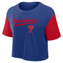 Philadelphia Phillies Nike Women's Script Dri-FIT Cropped T-Shirt - Royal/Red T-shirts