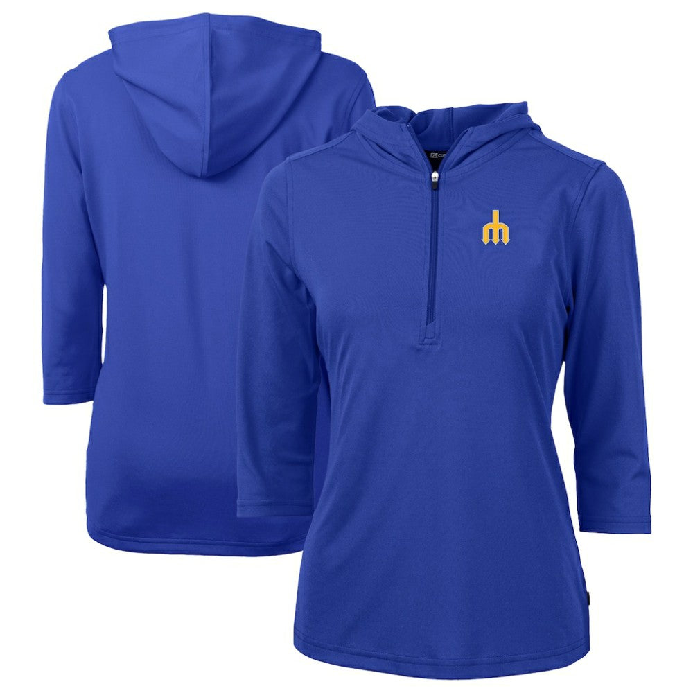 Seattle Mariners Cutter & Buck Women's DryTec Virtue Eco Pique Recycled 3/4-Sleeve Half-Zip Pullover Hoodie - Blue Hoodies
