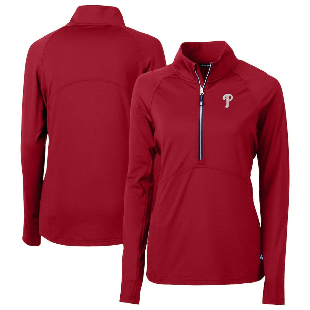 Philadelphia Phillies Cutter & Buck Women's DryTec Adapt Eco Knit Stretch Recycled Raglan Half-Zip Top - Red Tops