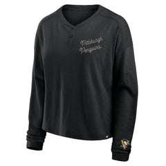 NHL Pittsburgh Penguins Fanatics Women's Oversized All Out Effort Long Sleeve Henley T-Shirt - Black