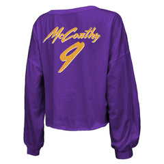 J.J. McCarthy Minnesota Vikings Majestic Threads Women's Name & Number Off-Shoulder Script Cropped Long Sleeve V-Neck T-Shirt Purple