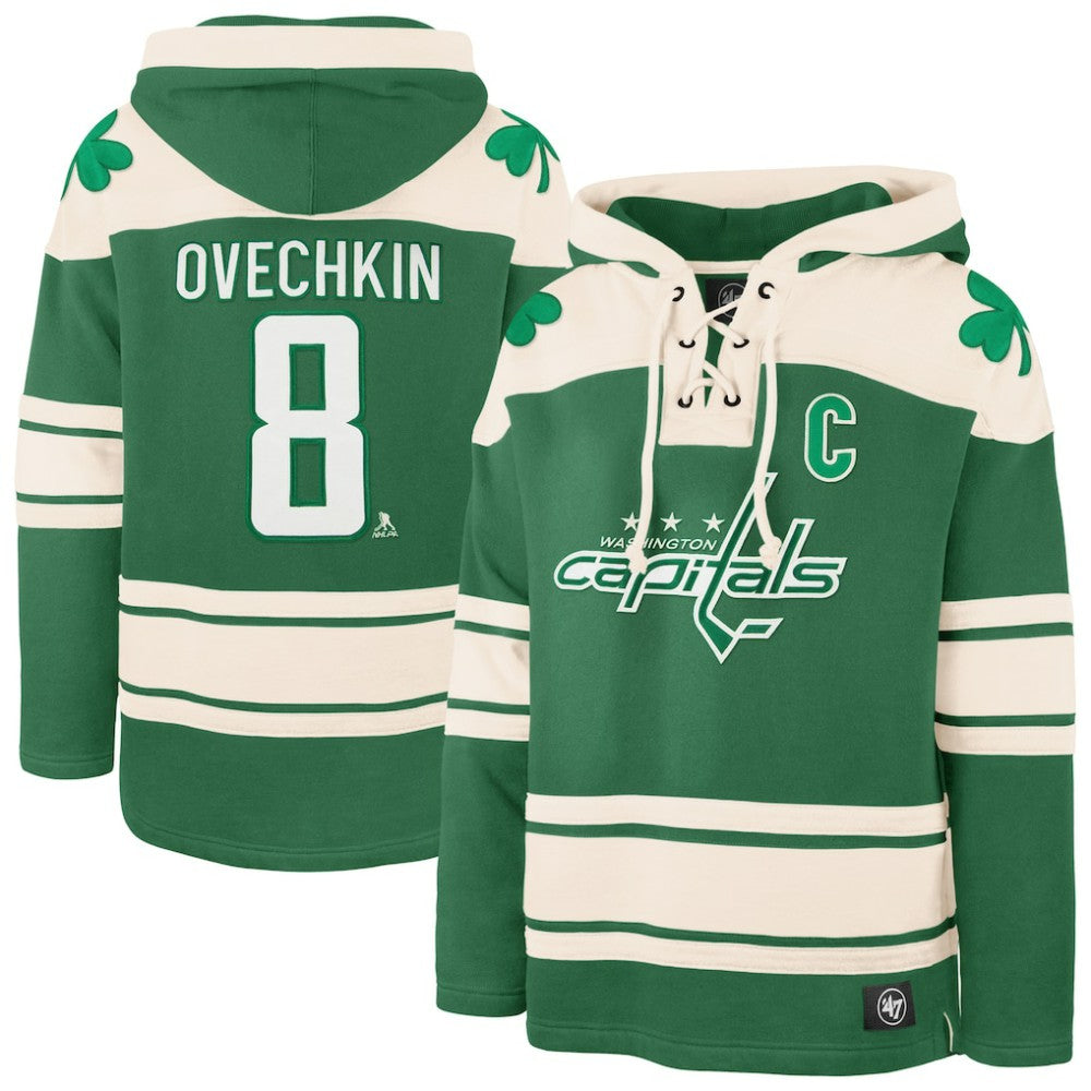 NHL Alexander Ovechkin Washington Capitals '47 St. Patrick's Day Player Name & Number Lacer Pullover Hoodie - Kelly Green