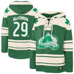 NHL Nathan MacKinnon Colorado Avalanche '47 St. Patrick's Day Player Name & Number Lacer Pullover Hoodie - Kelly Green