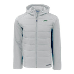 New York Jets Cutter & Buck Primary Logo Evoke Hybrid Eco Softshell Recycled Full-Zip Hooded Jacket Gray