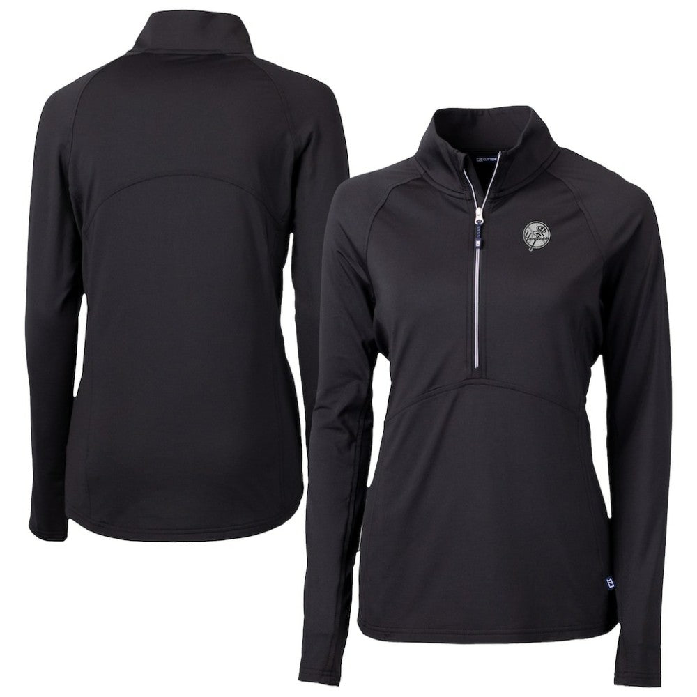 New York Yankees Cutter & Buck Women's Adapt Eco Knit Stretch Recycled Half-Zip DryTec Top - Black Tops