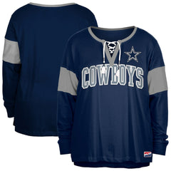 Dallas Cowboys New Era Women's Plus Size Lace-Up Notch Neck Long Sleeve T-Shirt Navy