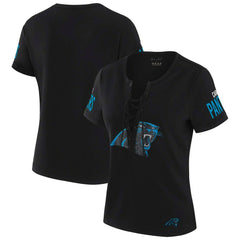 Carolina Panthers WEAR by Erin Andrews x Gracie Hunt Women's Draft Me Lace-Up T-Shirt Black