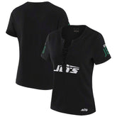 New York Jets WEAR by Erin Andrews x Gracie Hunt Women's Draft Me Lace-Up T-Shirt Black