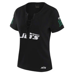 New York Jets WEAR by Erin Andrews x Gracie Hunt Women's Draft Me Lace-Up T-Shirt Black