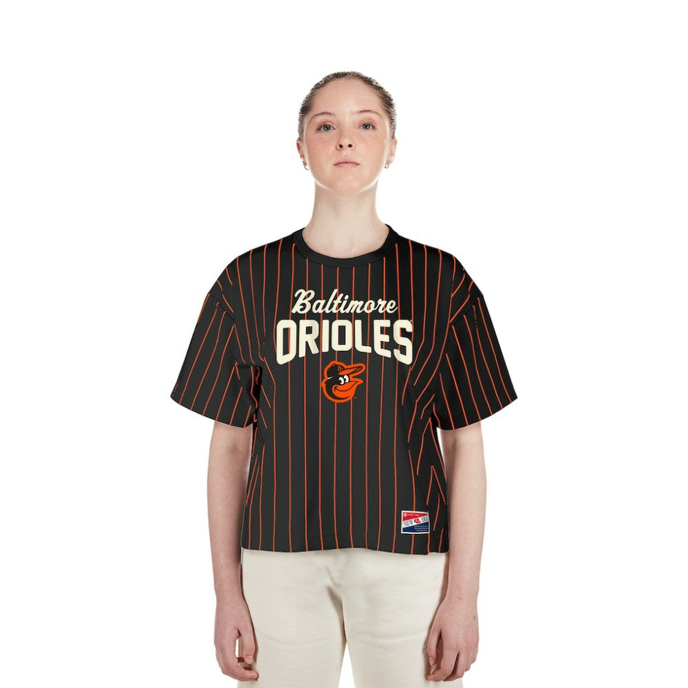 Baltimore Orioles New Era Women's Cooperstown Collection Multiplier Pinstripe Cropped T-Shirt - Black T-shirts