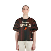 Baltimore Orioles New Era Women's Cooperstown Collection Multiplier Pinstripe Cropped T-Shirt - Black T-shirts