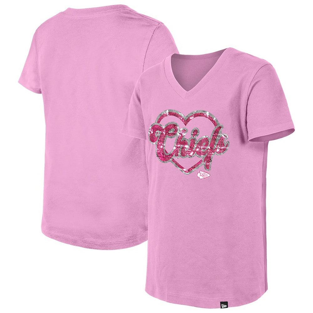Kansas City Chiefs New Era Girls Youth Flip Sequins V-Neck T-Shirt Pink