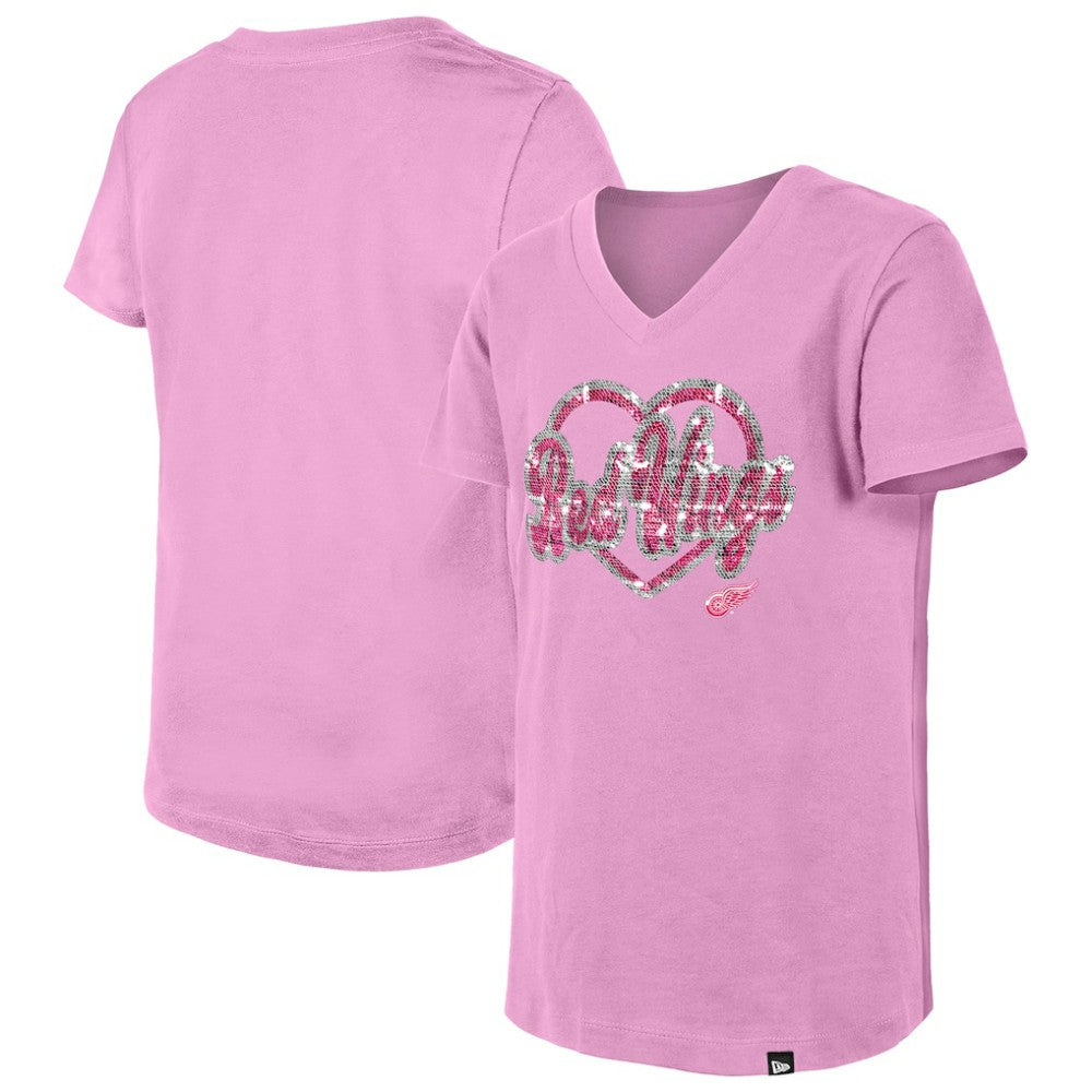 NHL Detroit Red Wings New Era Girl's Youth Flip Sequin V-Neck T-Shirt - Pink