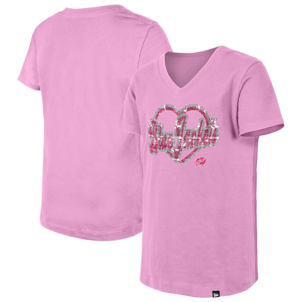 NHL Columbus Blue Jackets New Era Girl's Youth Flip Sequin V-Neck T-Shirt - Pink