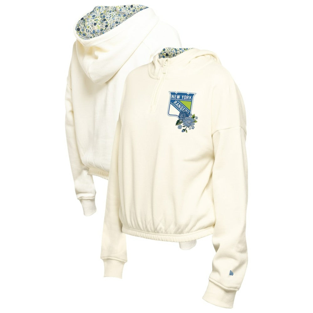 NHL New York Rangers New Era Women's Glam Game Quarter-Zip Cropped Floral Hoodie Pullover - Cream